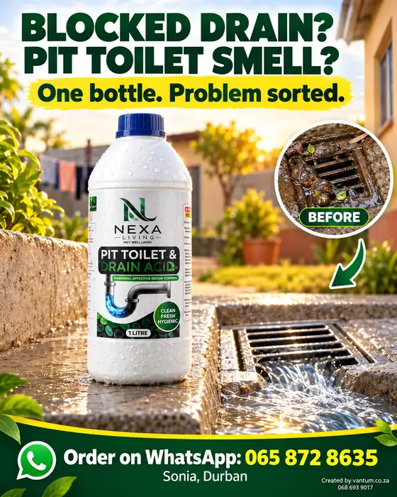 Advert for a drain cleaner: Blocked drain? Pit toilet smell? One bottle. Problem sorted.