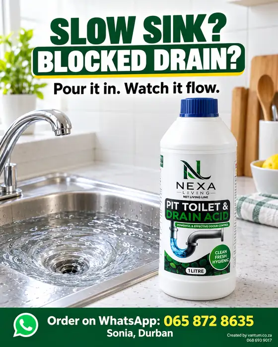 Advert for a drain cleaner: Slow sink? Blocked drain? Pour it in. Watch it flow.